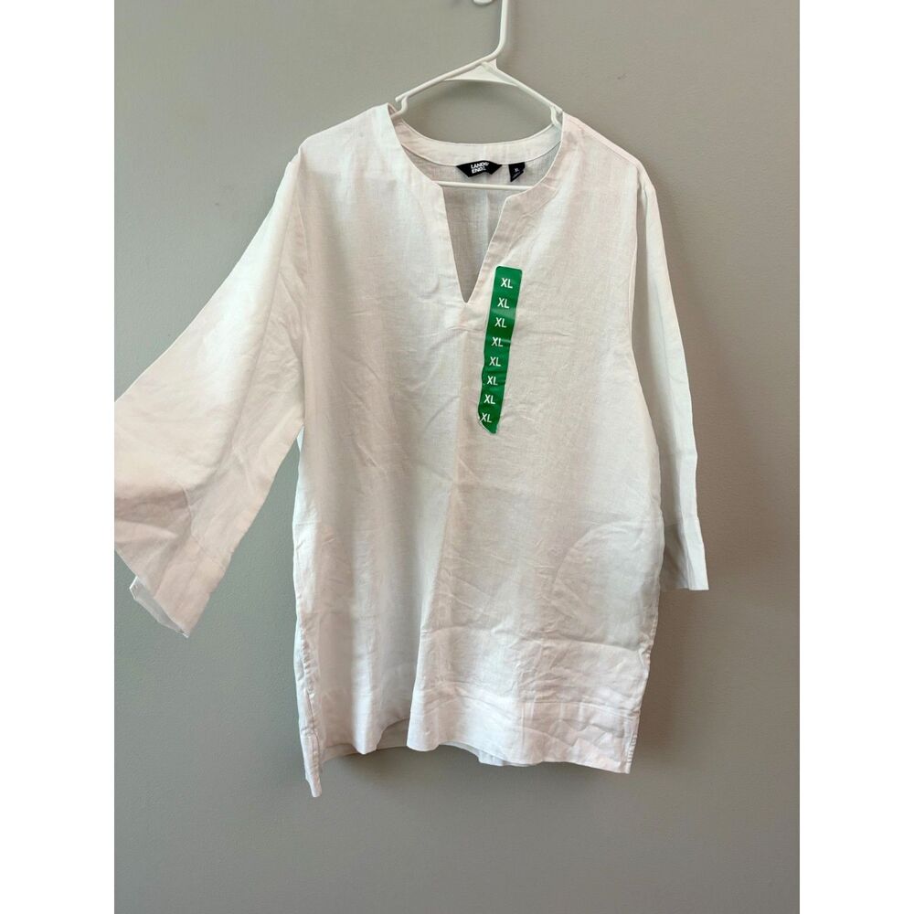 New Lands End White Linen Split Neck 3/4 Sleeve Tunic Top Womens Large Summer